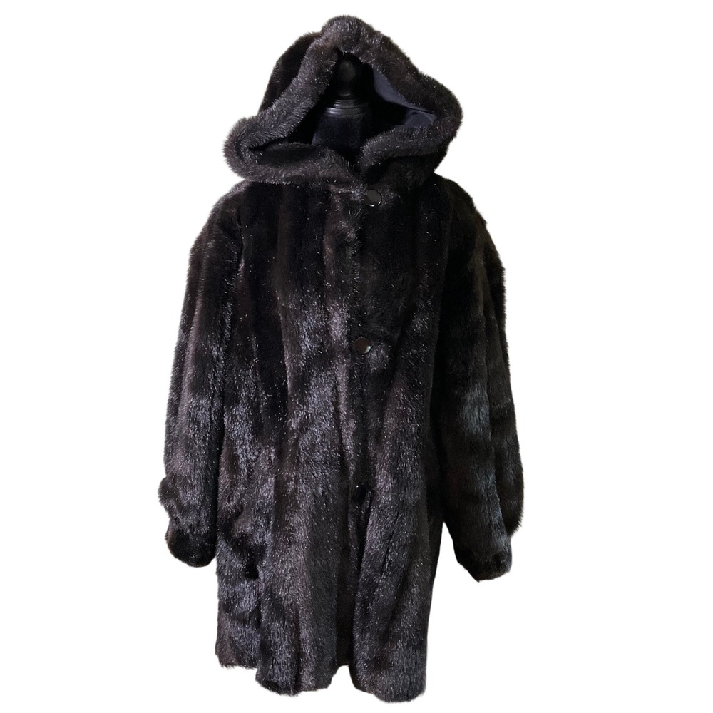 90s VTG Marvin Richards Reversible Faux Fur Hooded Coat Parka Jacket M USA BLK